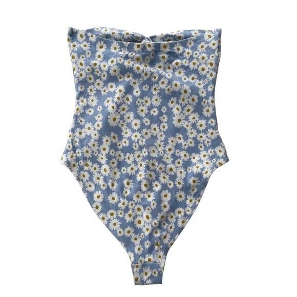 0339 Forever 21 Light Blue Daisy Flower Strapless Bodysuit Size Medium - Picture 3 of 4
